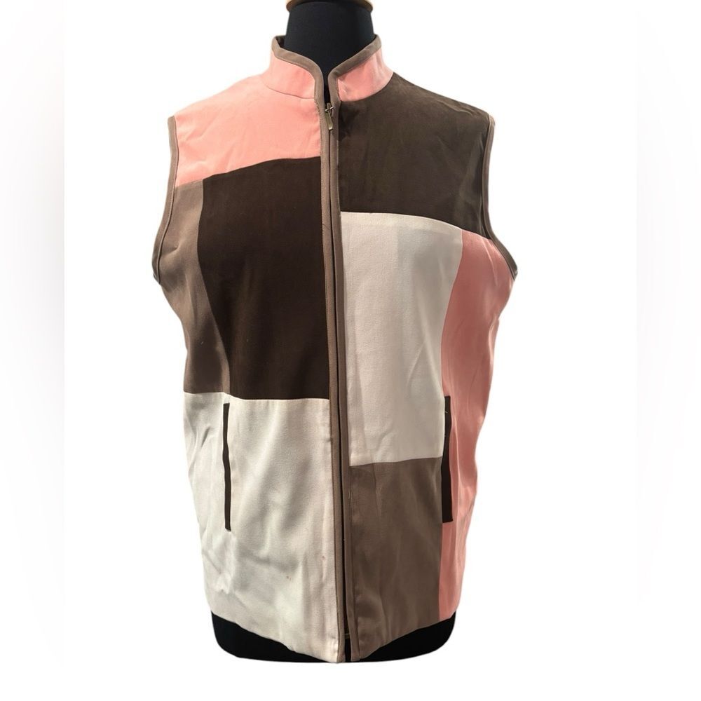 Pink/Brown/Cream Fall Colorblock Sleeveless Vest by Allison Daley-size Medium